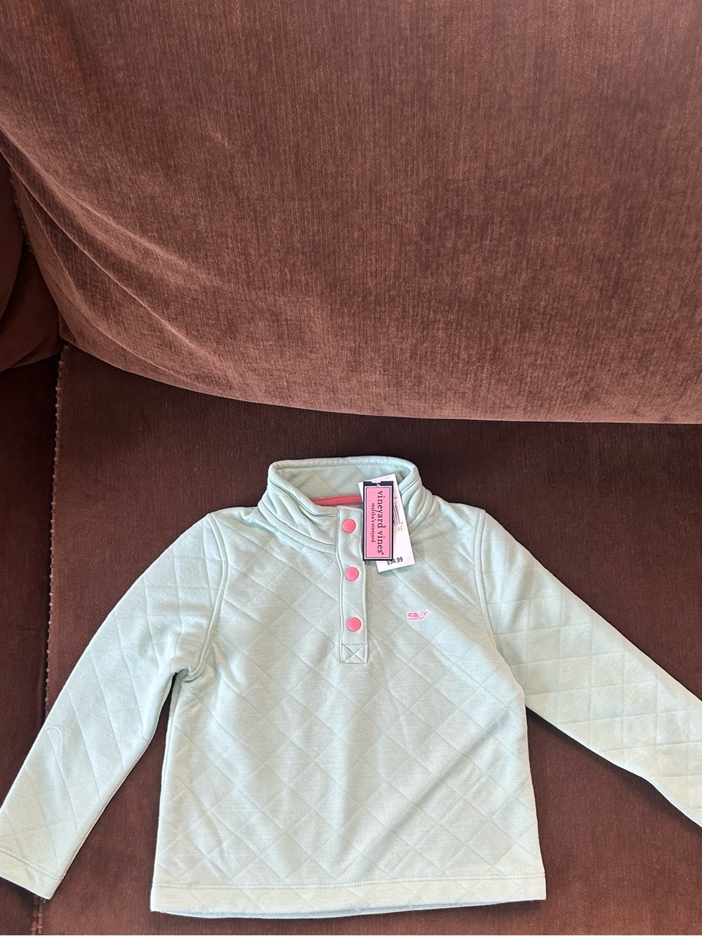 Vineyard Vines Girls Light Mint Quilted Pullover with Pink Accents